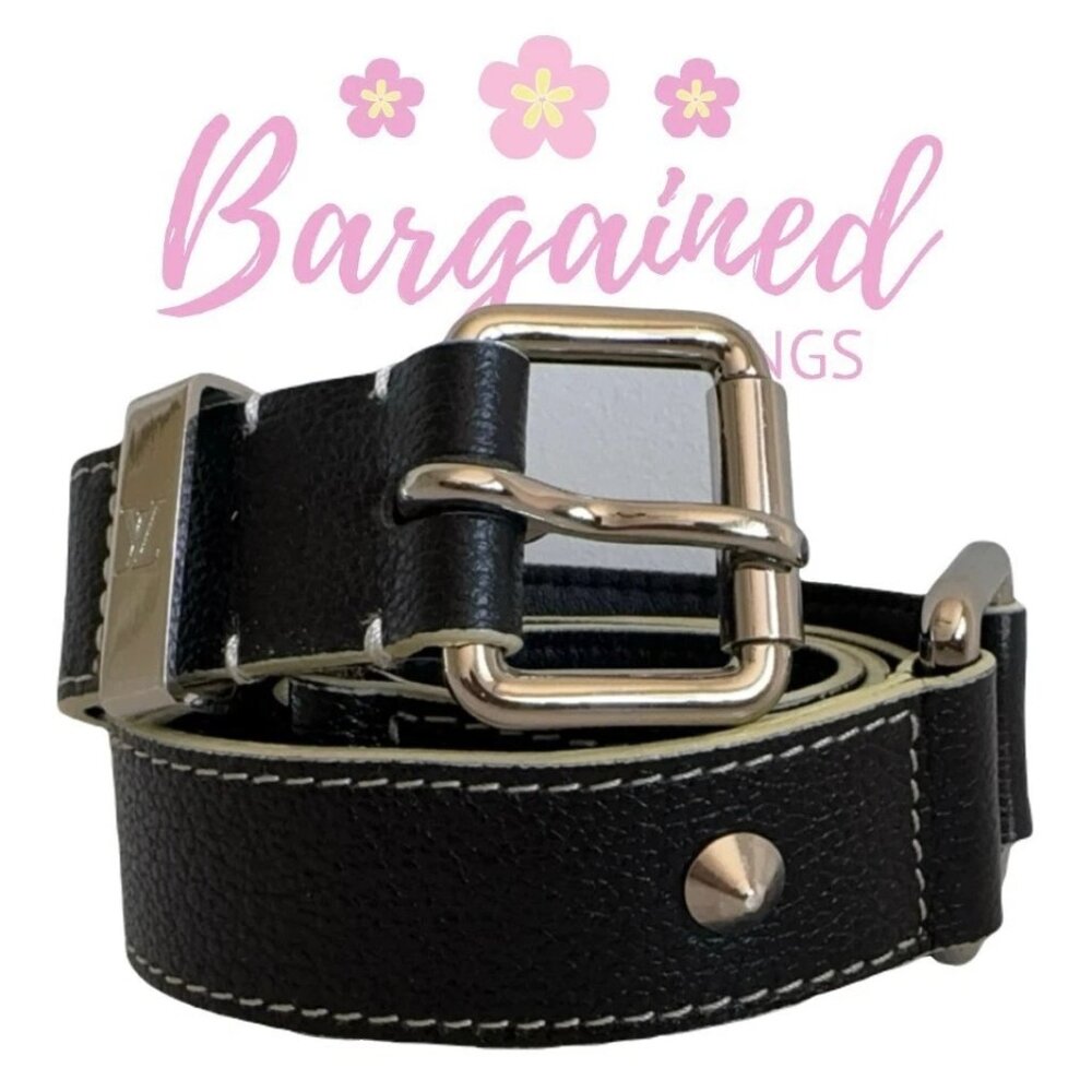 Authentic Louis Vuitton Black Studded Leather Silver Buckle Belt 38/100